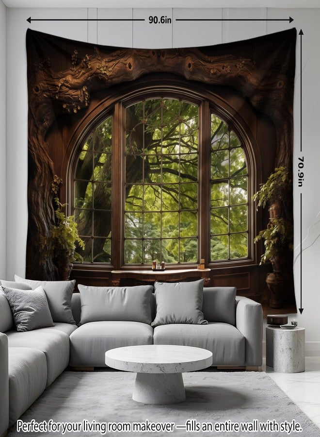 QGHOT Forest Window Tapestry, Nature Outdoor Tapestry Wall Hanging Woodland Scene Large Wall Mural for Bedroom Living Room Office Decor 90x70in - Image 4